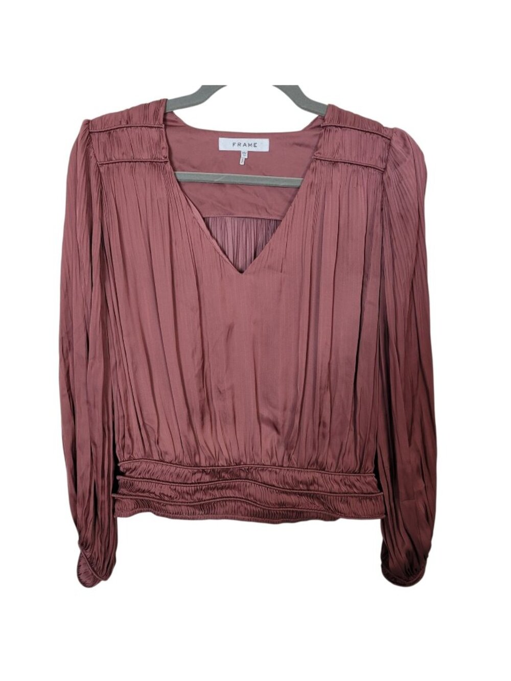 Frame V-Neck Pleated Top Rosewood Smocked Hem Pleated Shoulder Details Sz XS